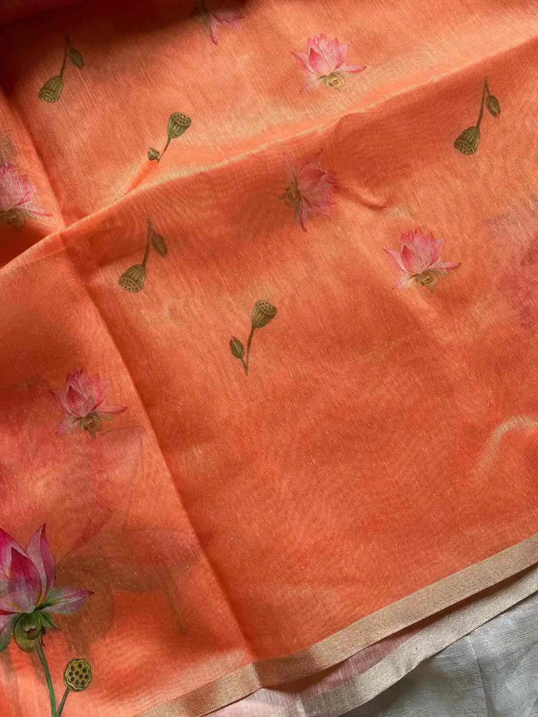 Soft Petal Drapes | Semi Chanderi Saree with Lotus Floral Prints | House of Thansha
