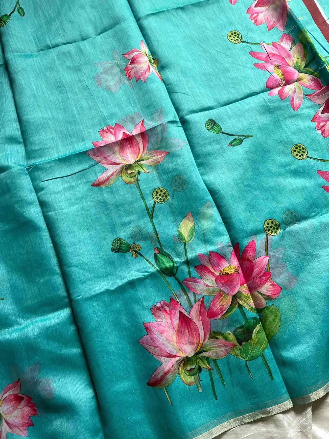 Soft Petal Drapes | Semi Chanderi Saree with Lotus Floral Prints | House of Thansha