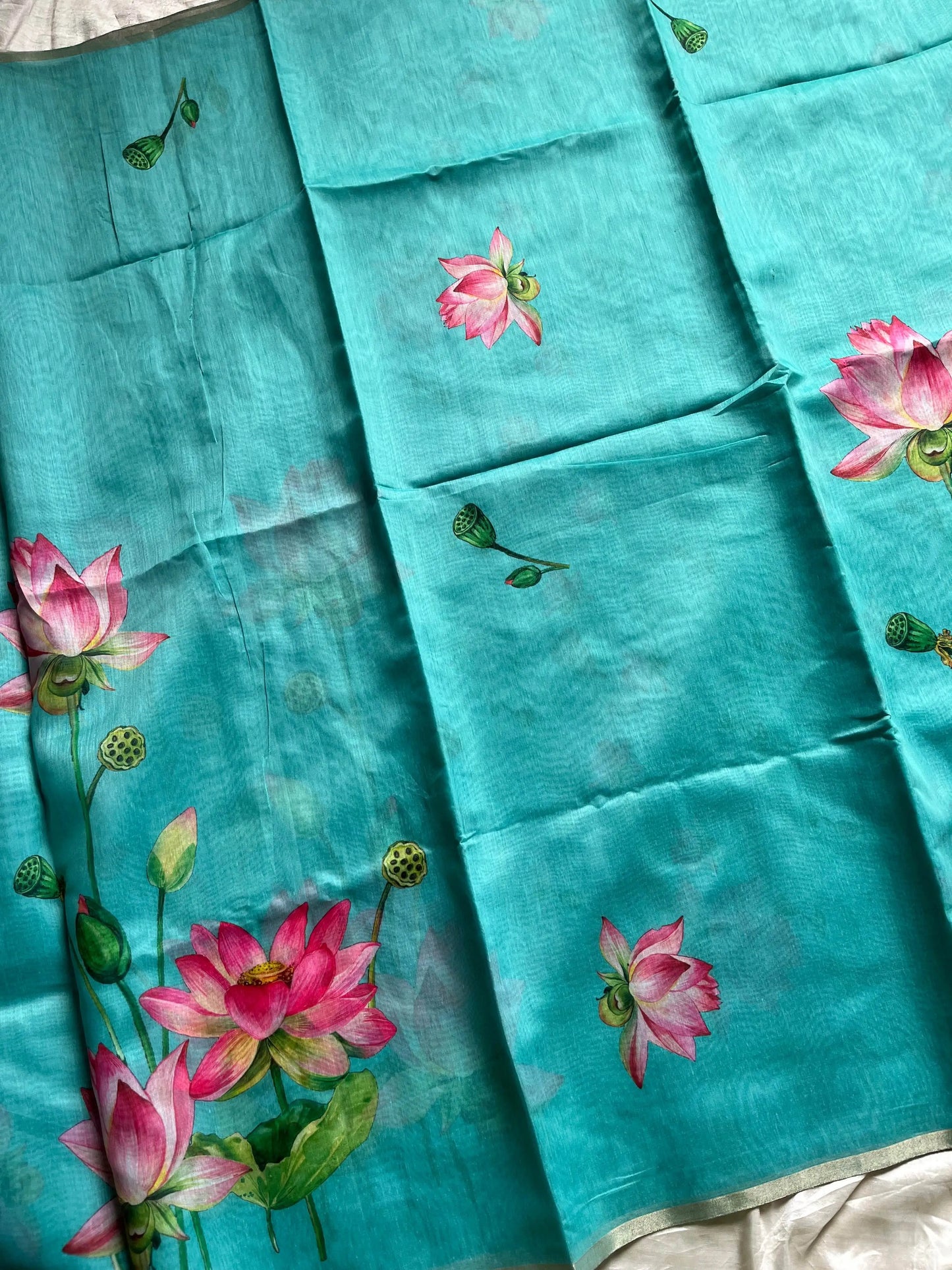 Soft Petal Drapes | Semi Chanderi Saree with Lotus Floral Prints | House of Thansha