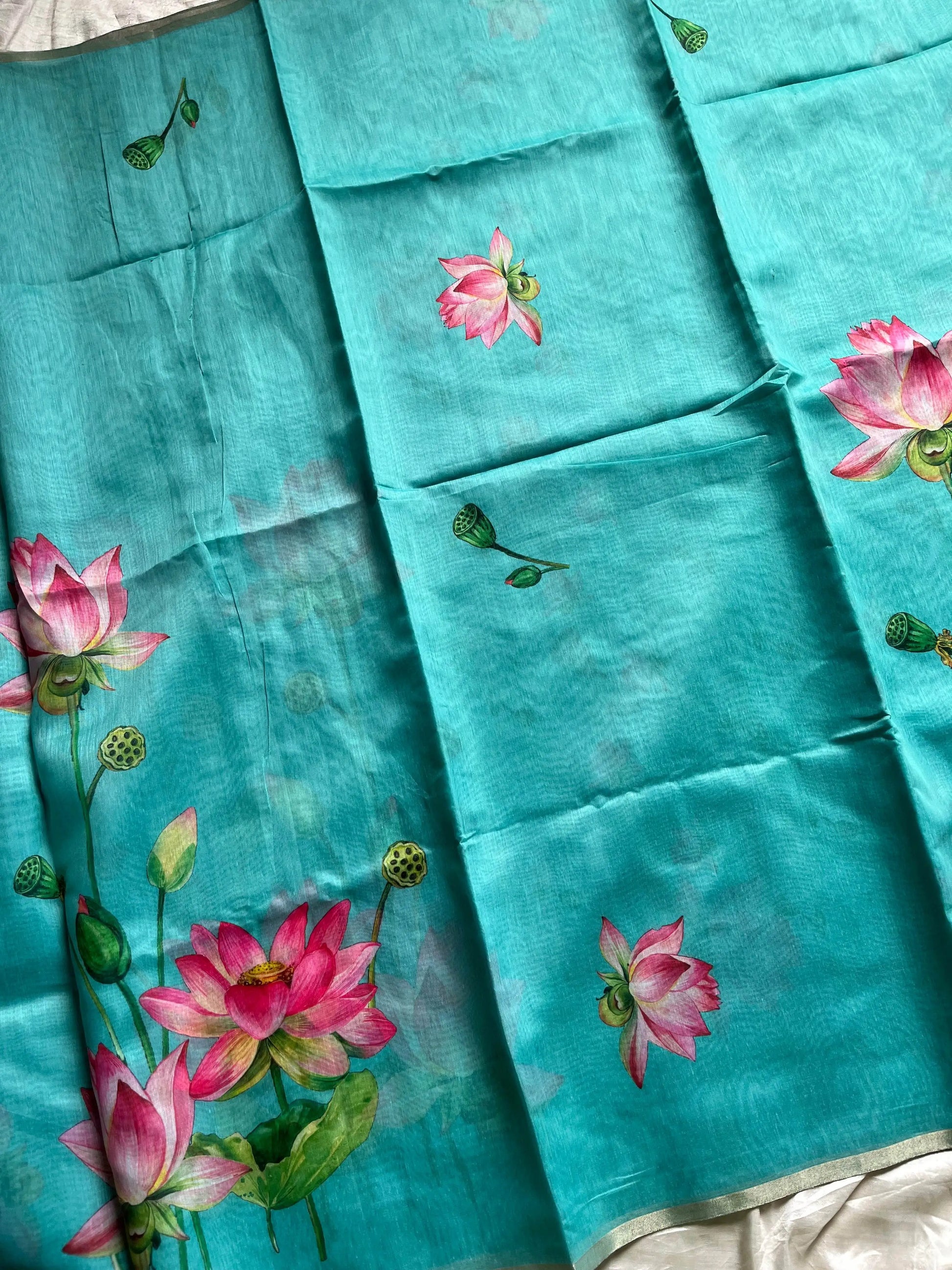 Soft Petal Drapes | Semi Chanderi Saree with Lotus Floral Prints | House of Thansha
