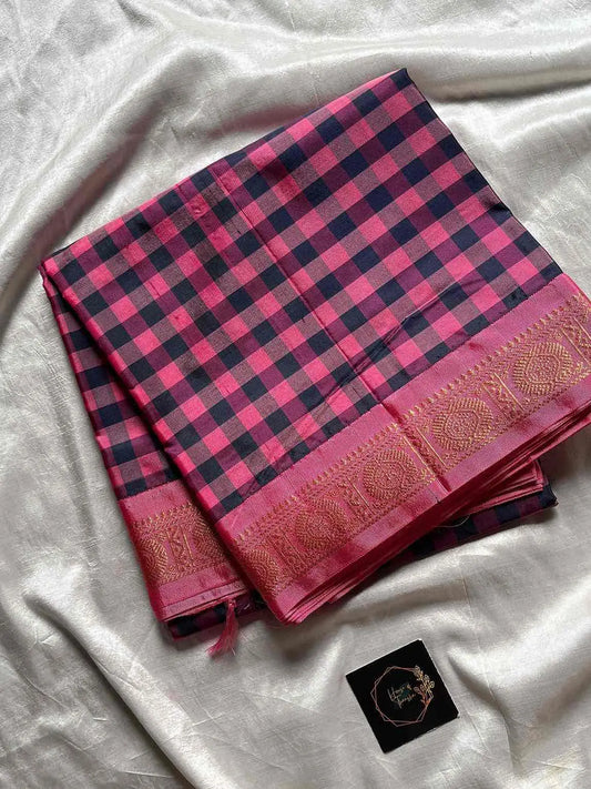 Chinnalampattu | Vegan Silk Saree – Pink & Black Korvai Checks