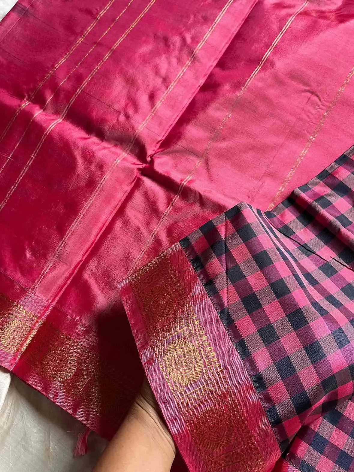 Chinnalampattu | Vegan Silk Saree – Pink & Black Korvai Checks
