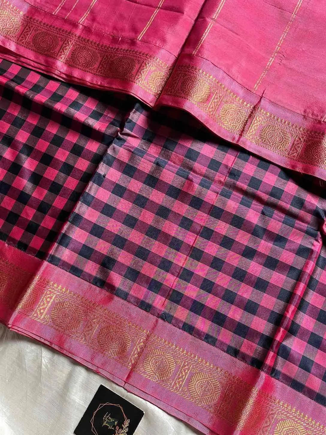 Chinnalampattu | Vegan Silk Saree – Pink & Black Korvai Checks
