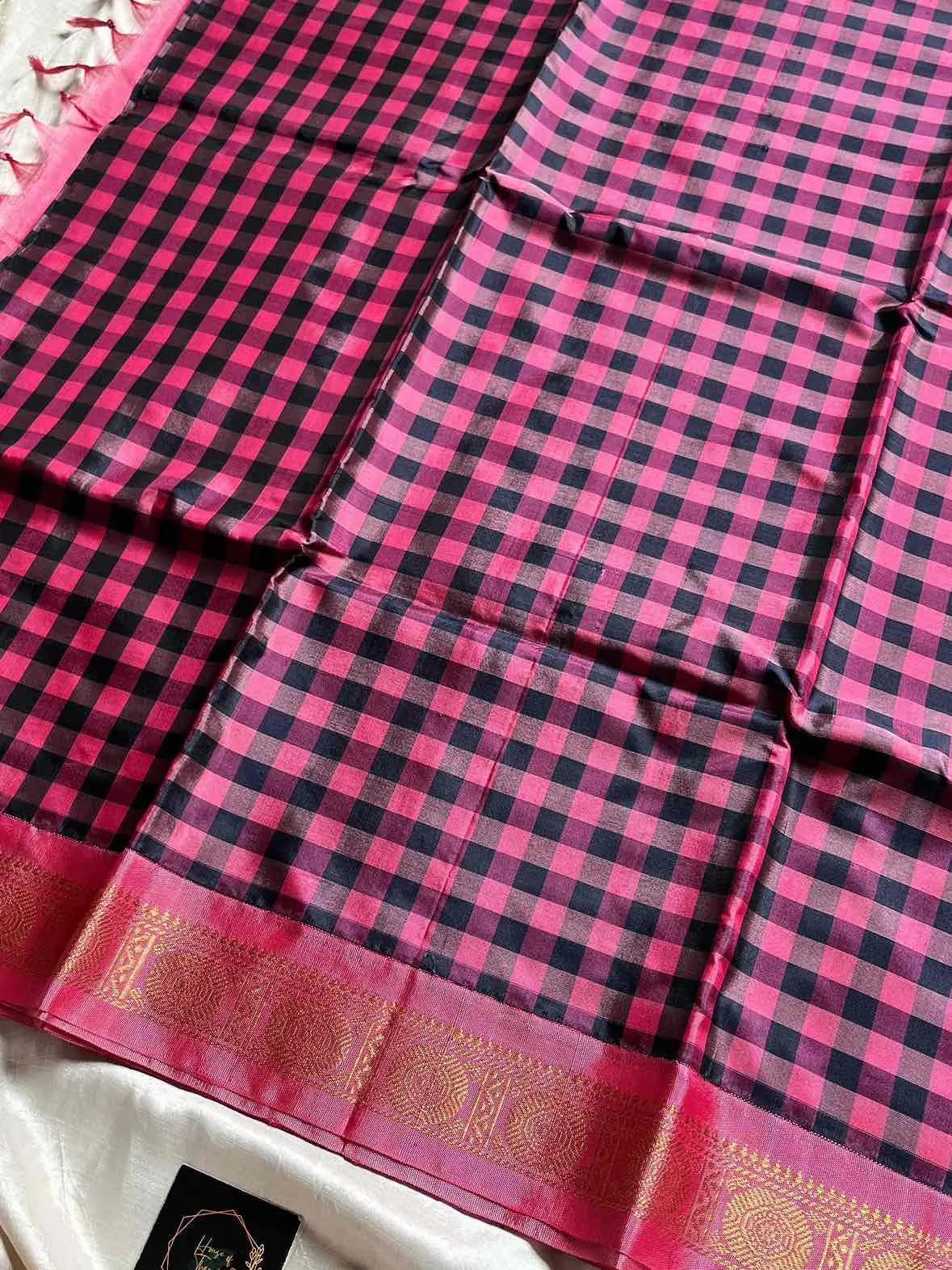 Chinnalampattu | Vegan Silk Saree – Pink & Black Korvai Checks