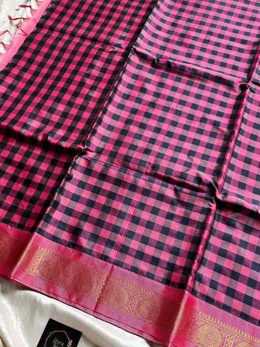 Chinnalampattu | Vegan Silk Saree – Pink & Black Korvai Checks
