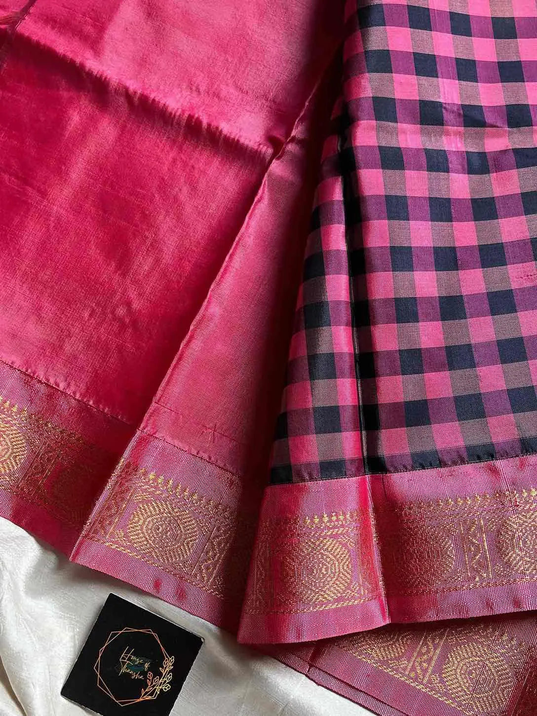 Chinnalampattu | Vegan Silk Saree – Pink & Black Korvai Checks