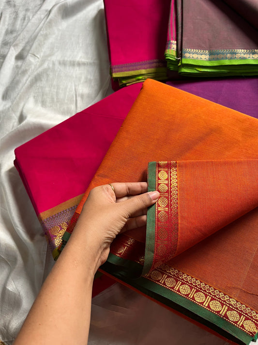 Subtle Weaves – Orange Kanchi Cotton Saree with Small Border