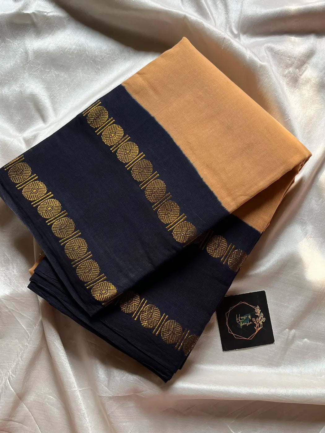 Sungudi Cotton Saree - Tan Beige & Black