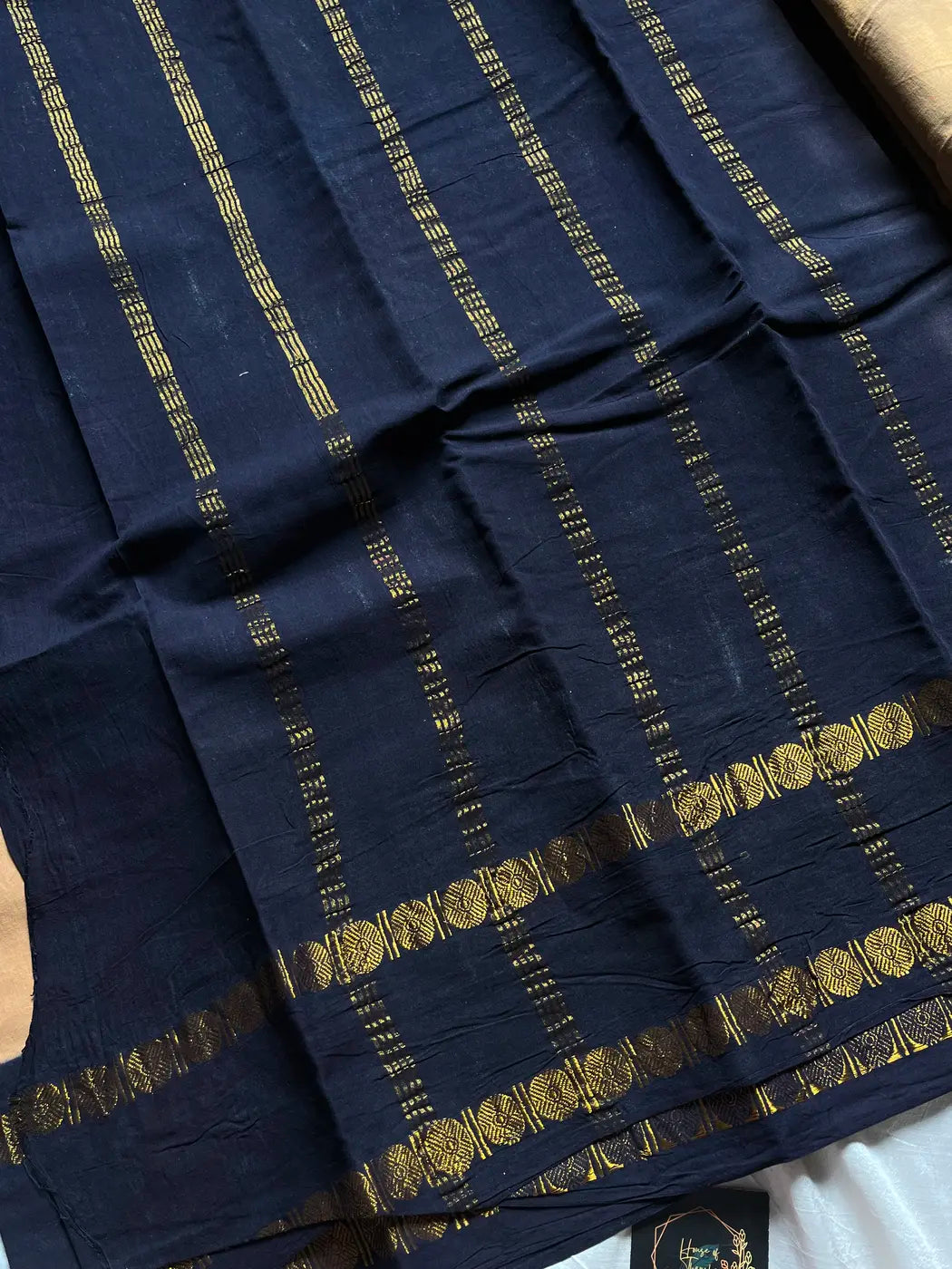 Sungudi Cotton Saree - Tan Beige & Black