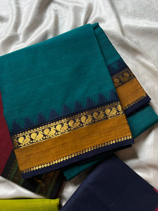 Subtle Weaves | Peacock Teal Kanchi Cotton Saree