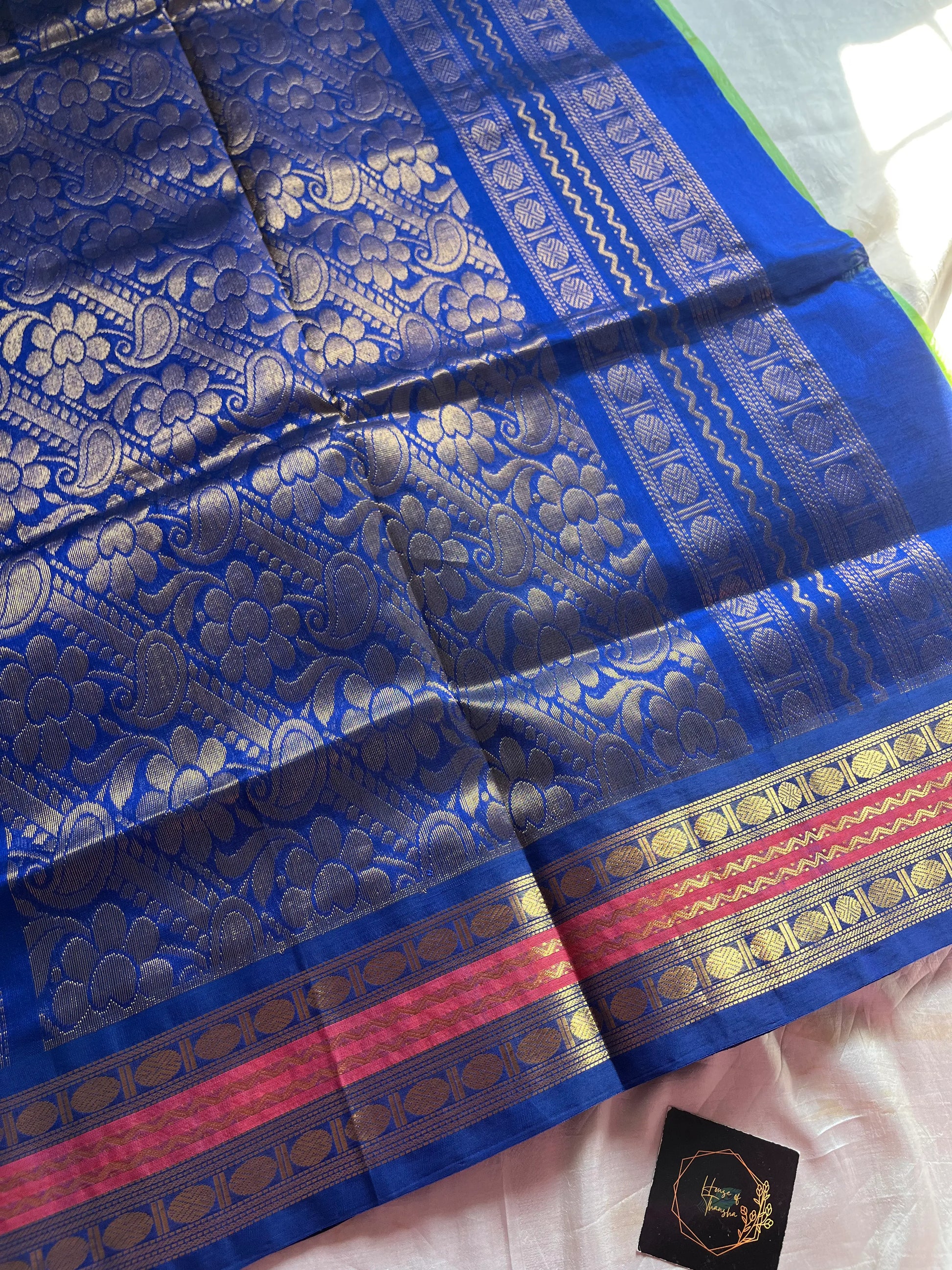 Parrot Green & Blue Pure Handloom Kanchi Silk-Cotton Saree with Rich Zari – Pattu Nool Edit by House of Thansha