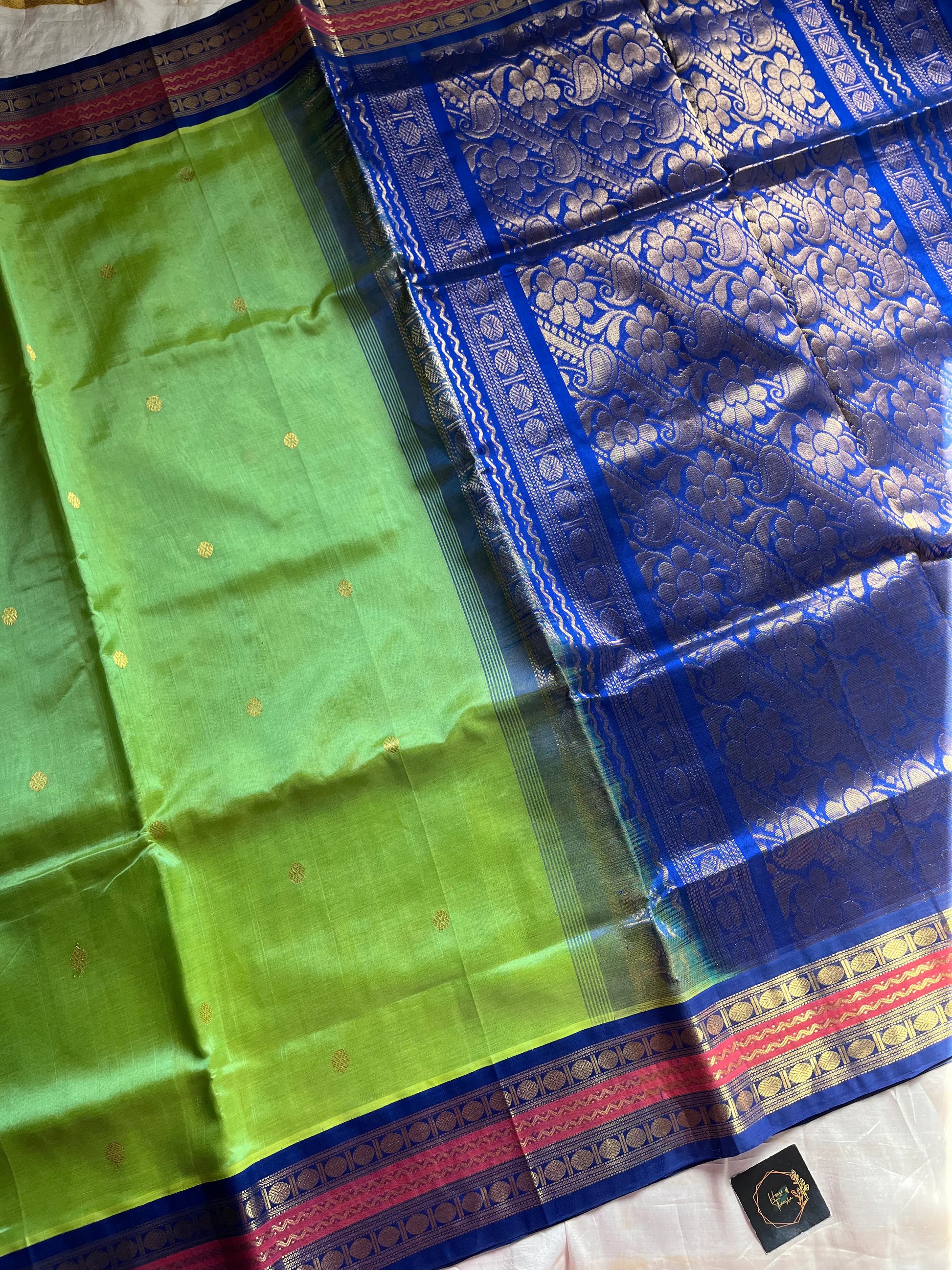 Parrot Green & Blue Pure Handloom Kanchi Silk-Cotton Saree with Rich Zari – Pattu Nool Edit by House of Thansha