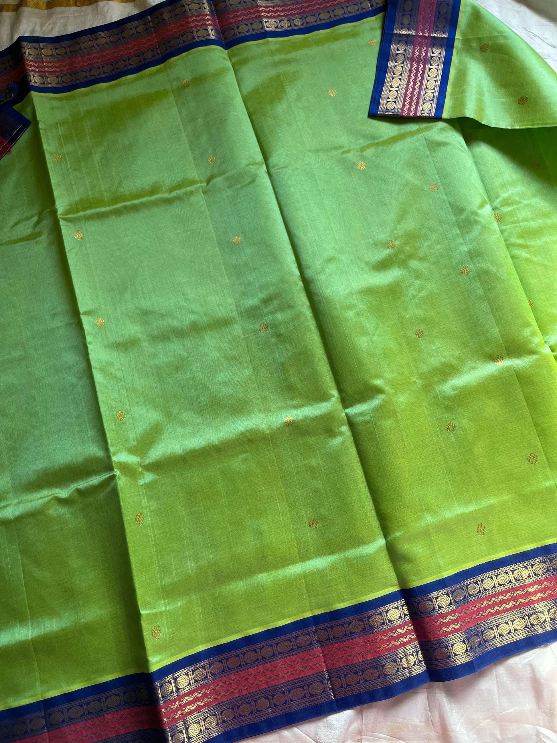 Parrot Green & Blue Pure Handloom Kanchi Silk-Cotton Saree with Rich Zari – Pattu Nool Edit by House of Thansha