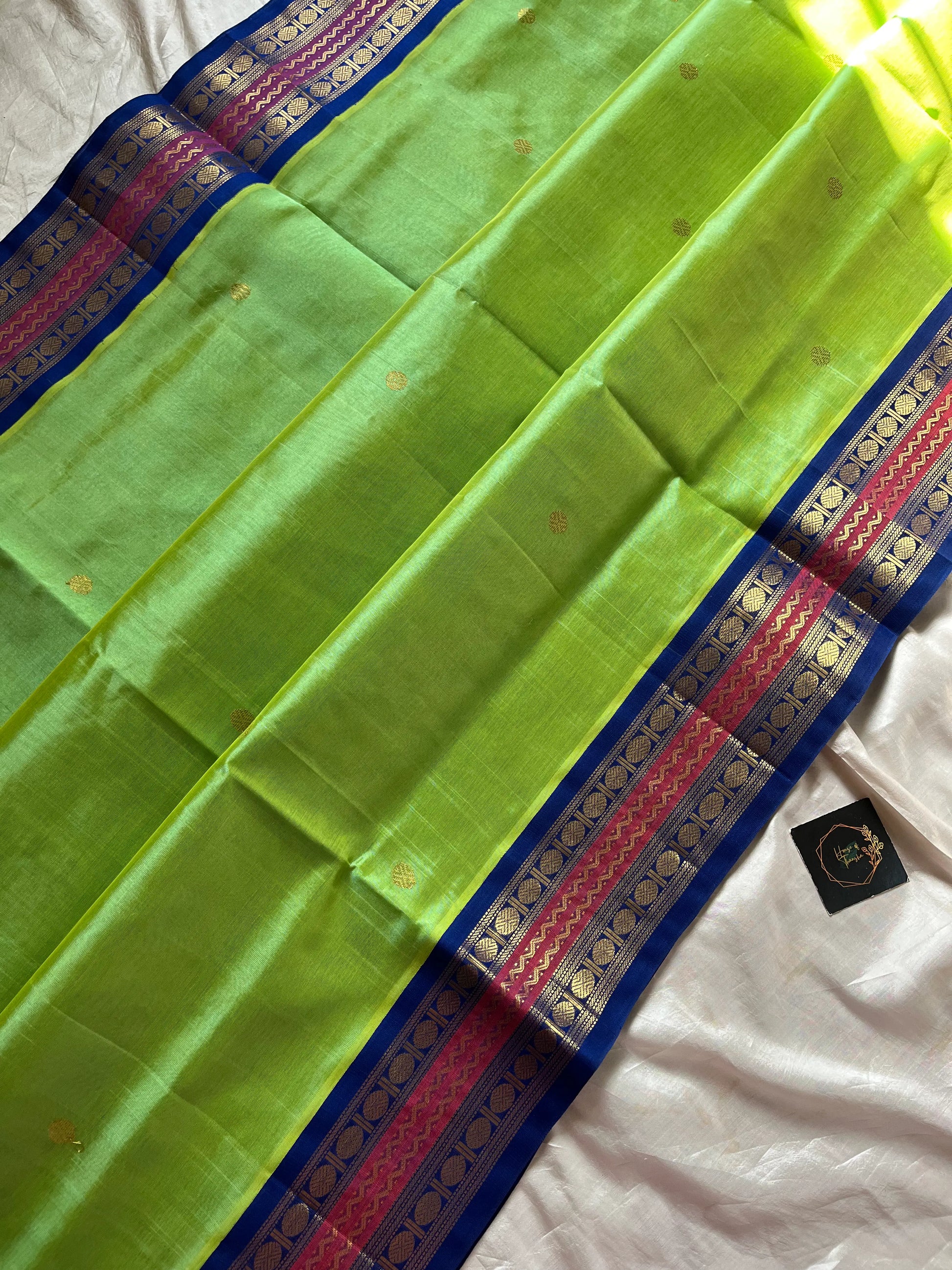 Parrot Green & Blue Pure Handloom Kanchi Silk-Cotton Saree with Rich Zari – Pattu Nool Edit by House of Thansha