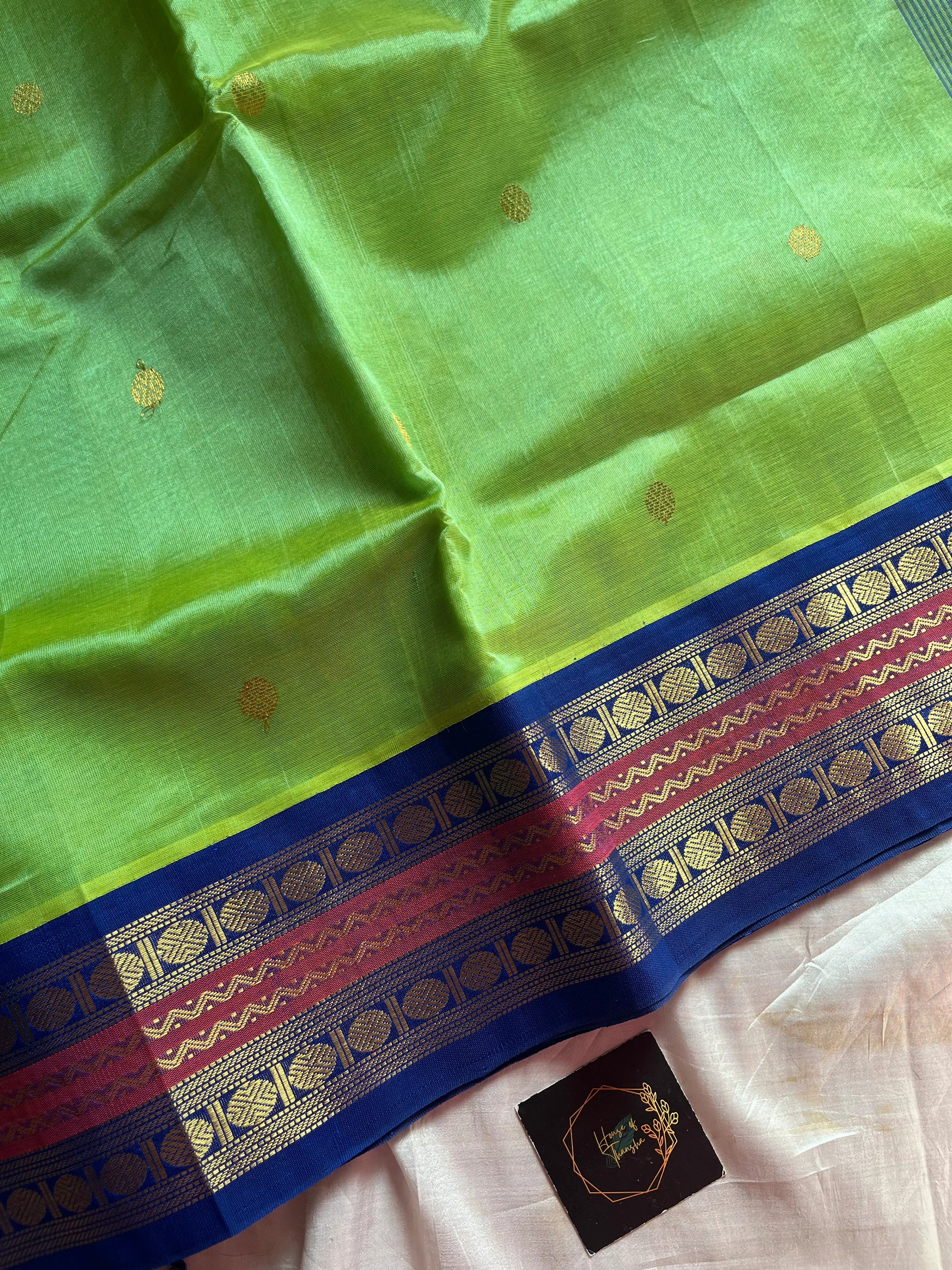 Parrot Green & Blue Pure Handloom Kanchi Silk-Cotton Saree with Rich Zari – Pattu Nool Edit by House of Thansha
