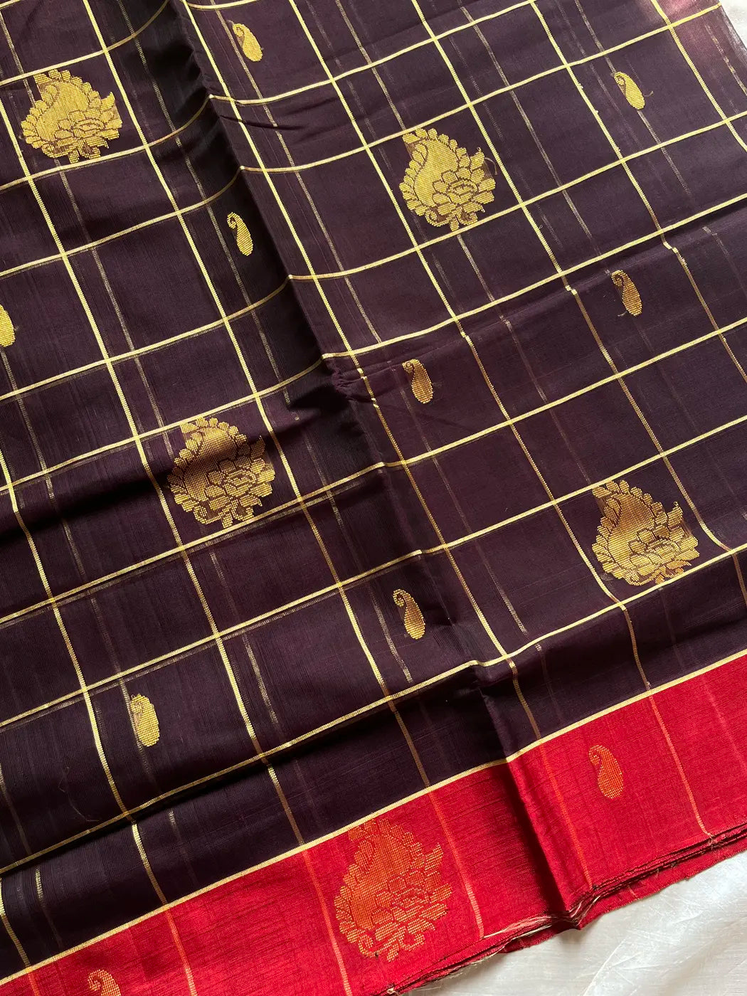 Vegan Weaves – Coffee Brown Checked Handloom Art Silk Saree