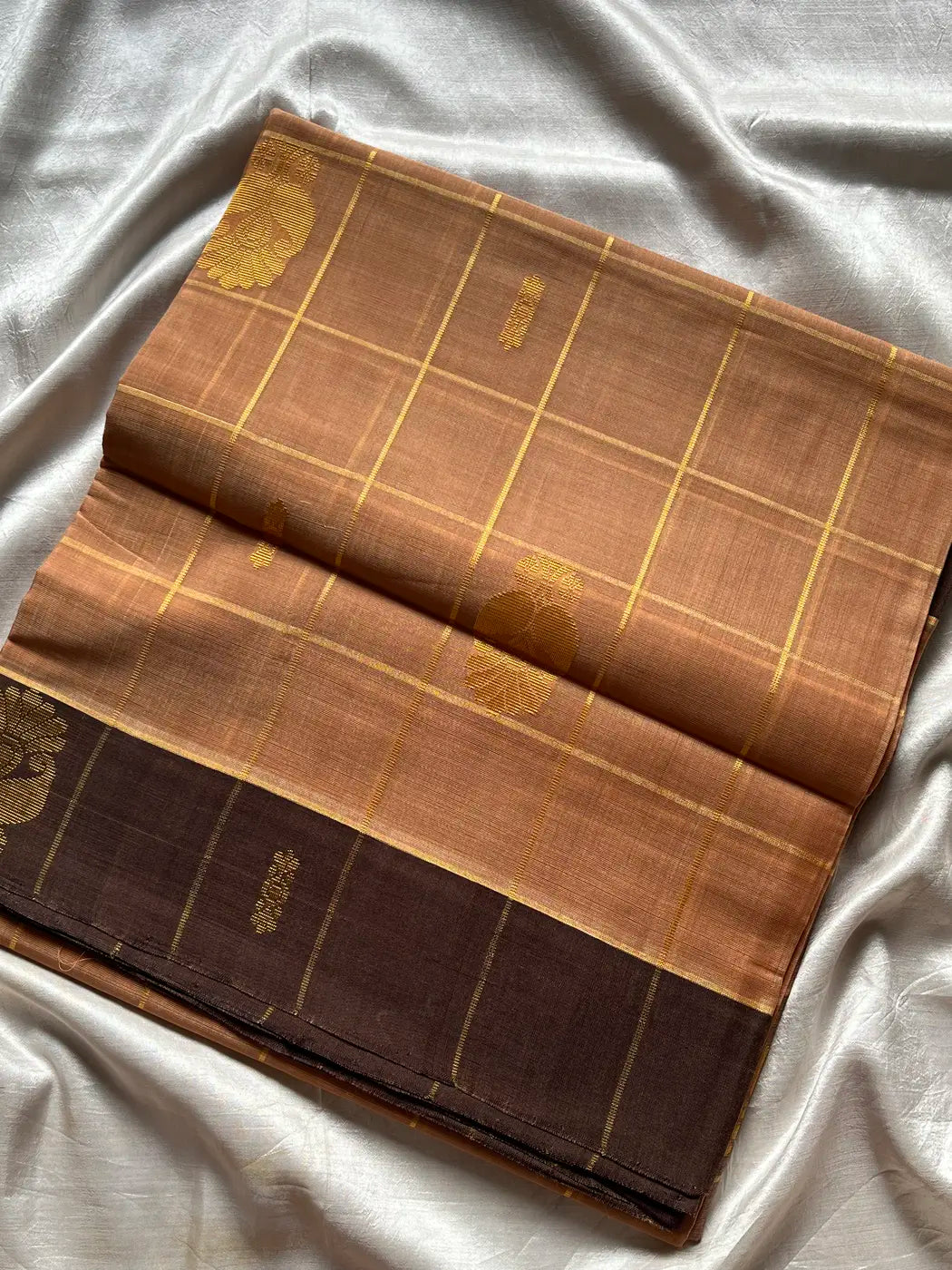 Vegan Weaves – Beige Caramel Checked Handloom Art Silk Saree