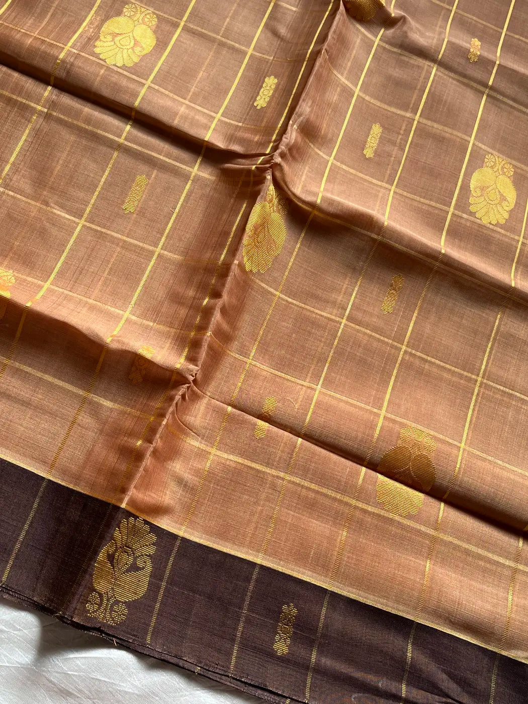 Vegan Weaves – Beige Caramel Checked Handloom Art Silk Saree
