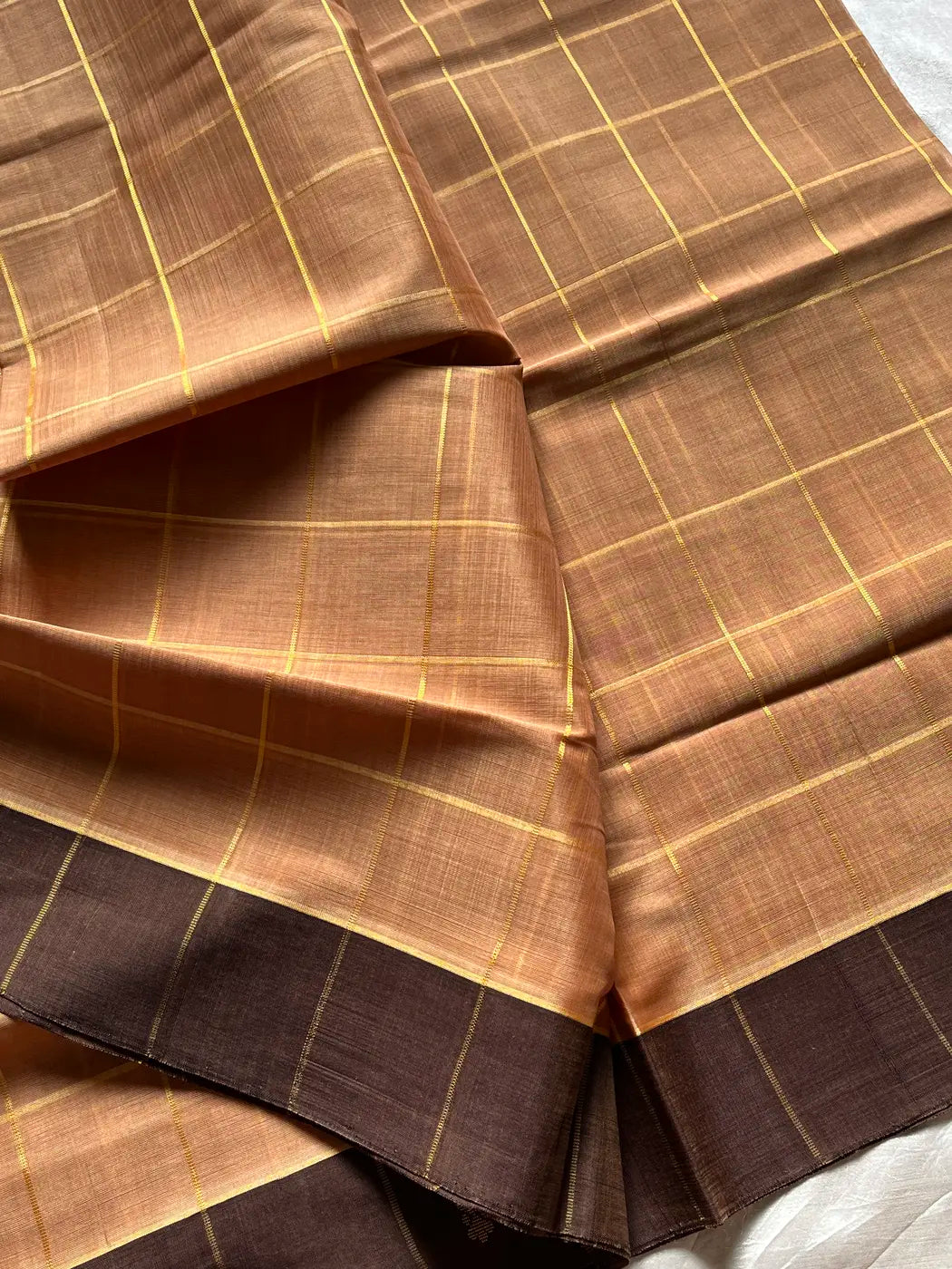 Vegan Weaves – Beige Caramel Checked Handloom Art Silk Saree