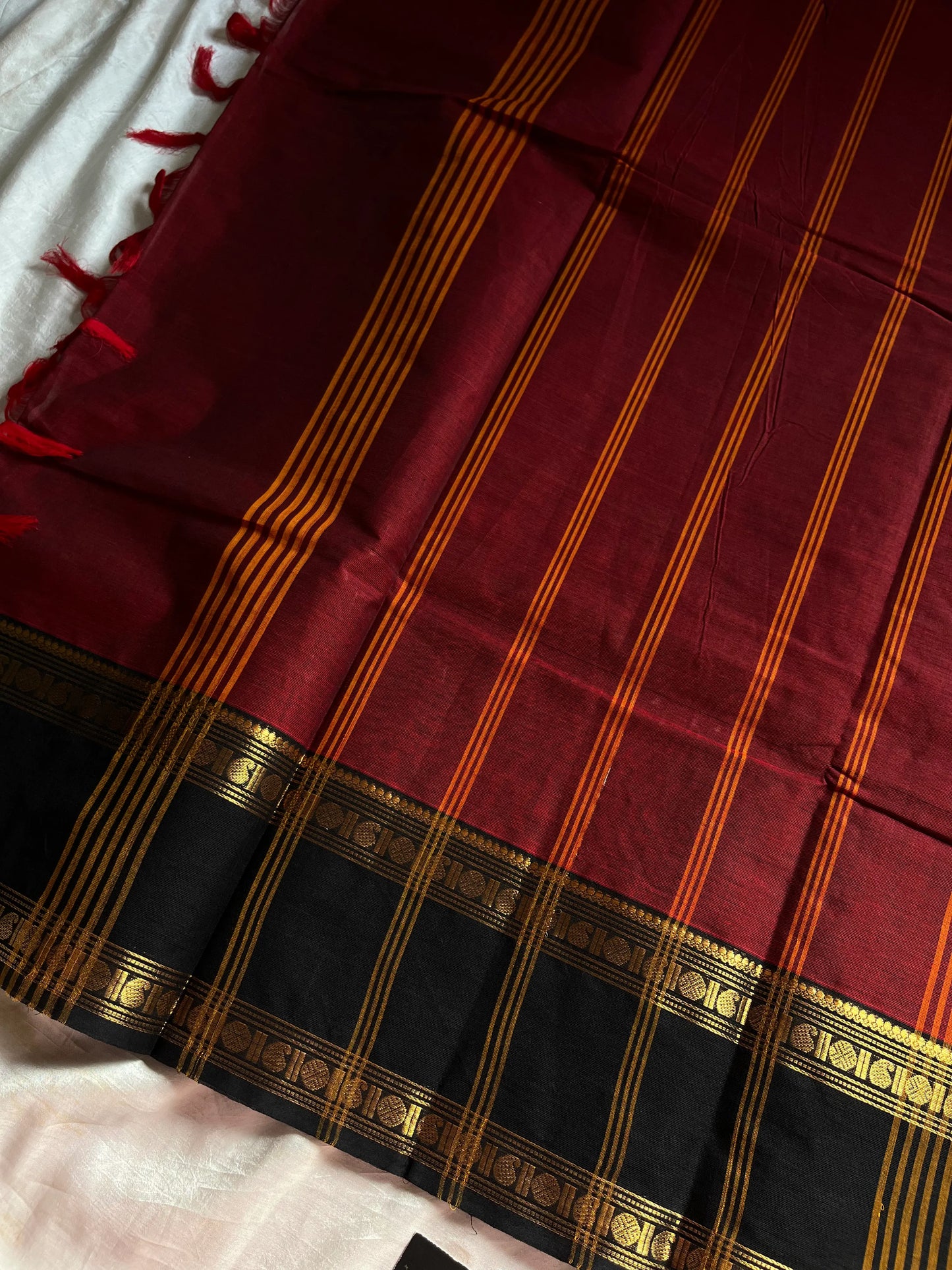 Maroon Kanchi cotton saree with kattam checks and dual borders – House of Thansha