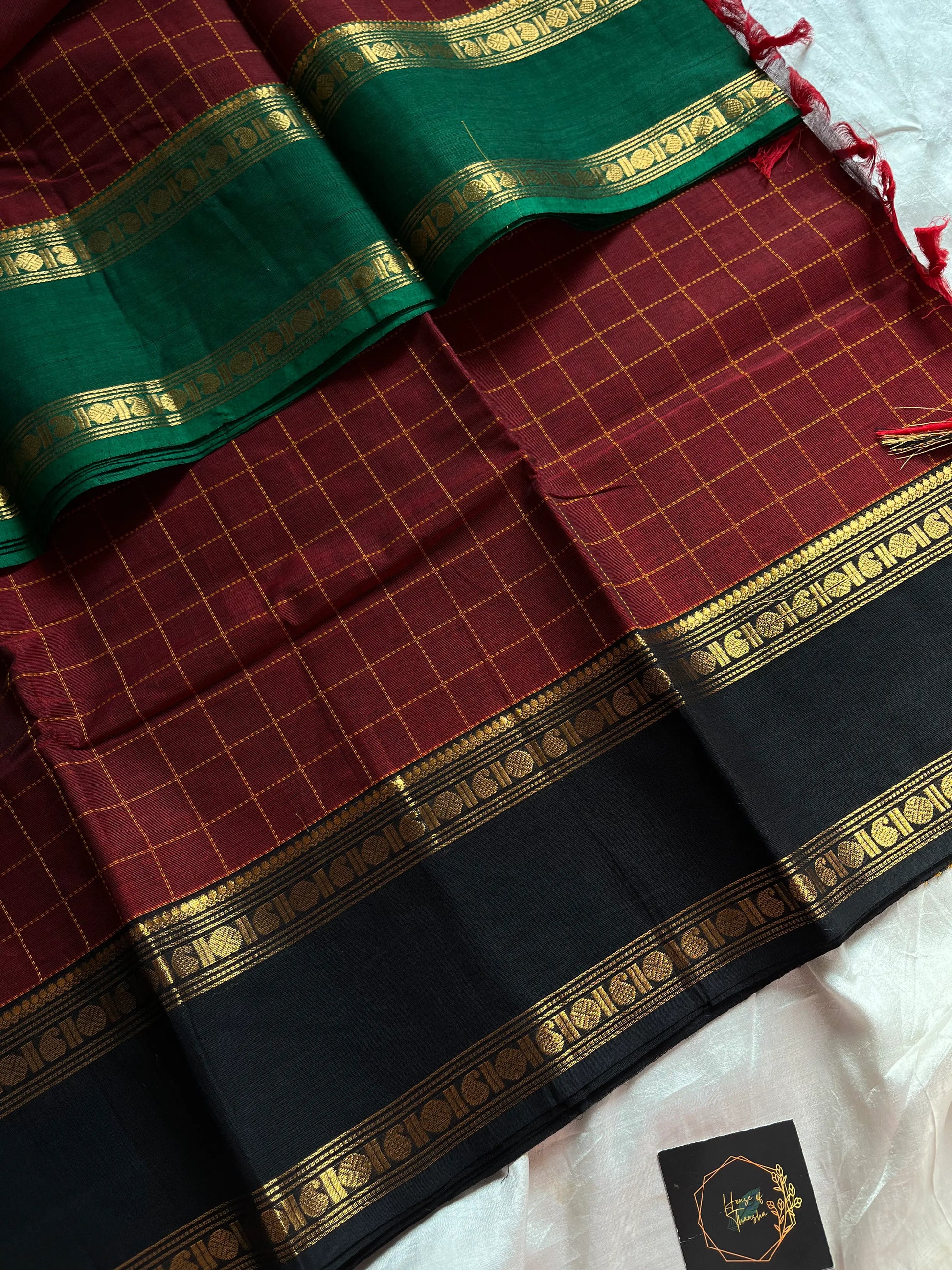 Maroon Kanchi cotton saree with kattam checks and dual borders – House of Thansha
