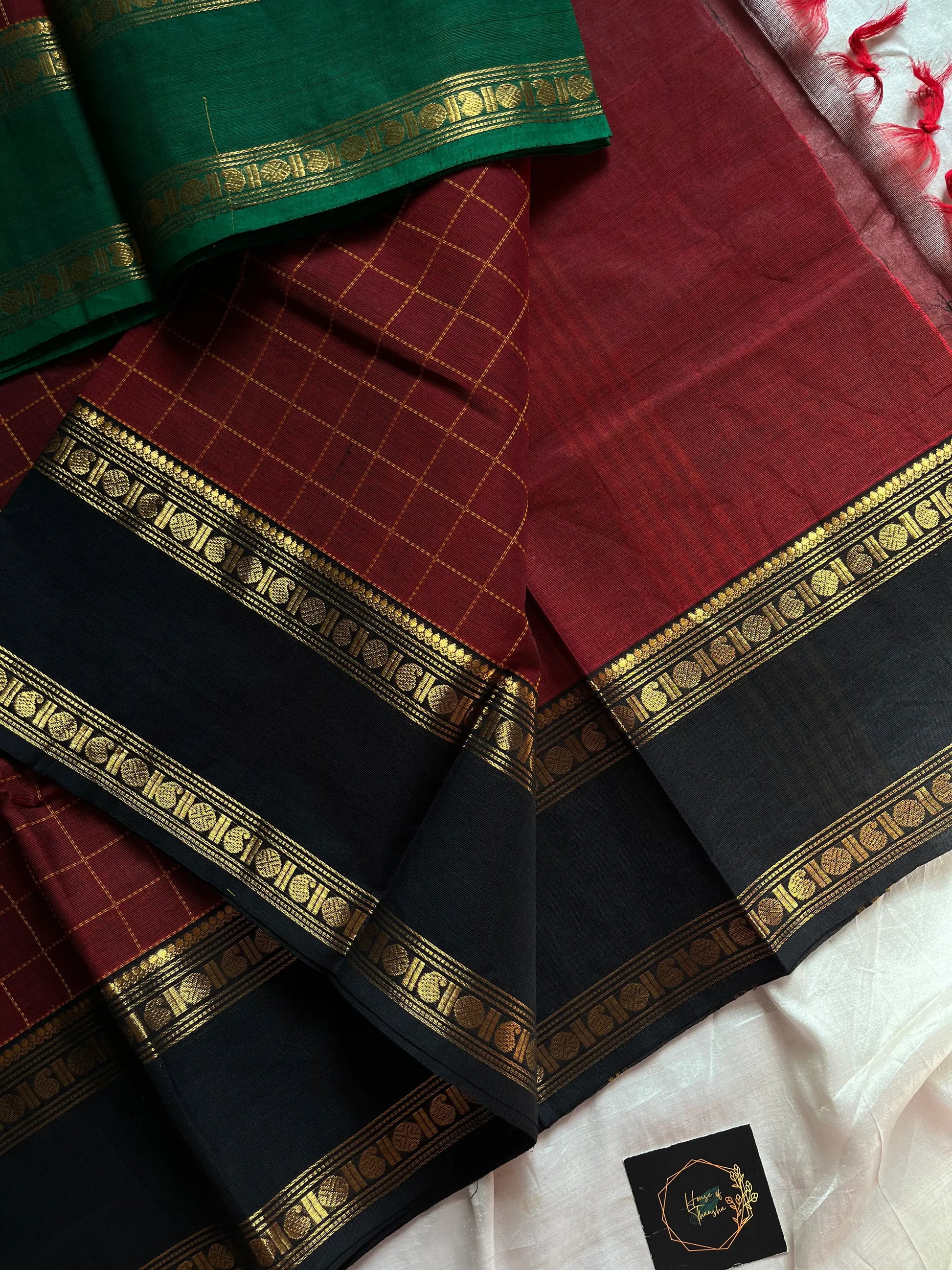 Maroon Kanchi cotton saree with kattam checks and dual borders – House of Thansha