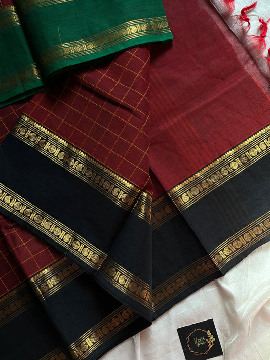 Maroon Kanchi cotton saree with kattam checks and dual borders – House of Thansha