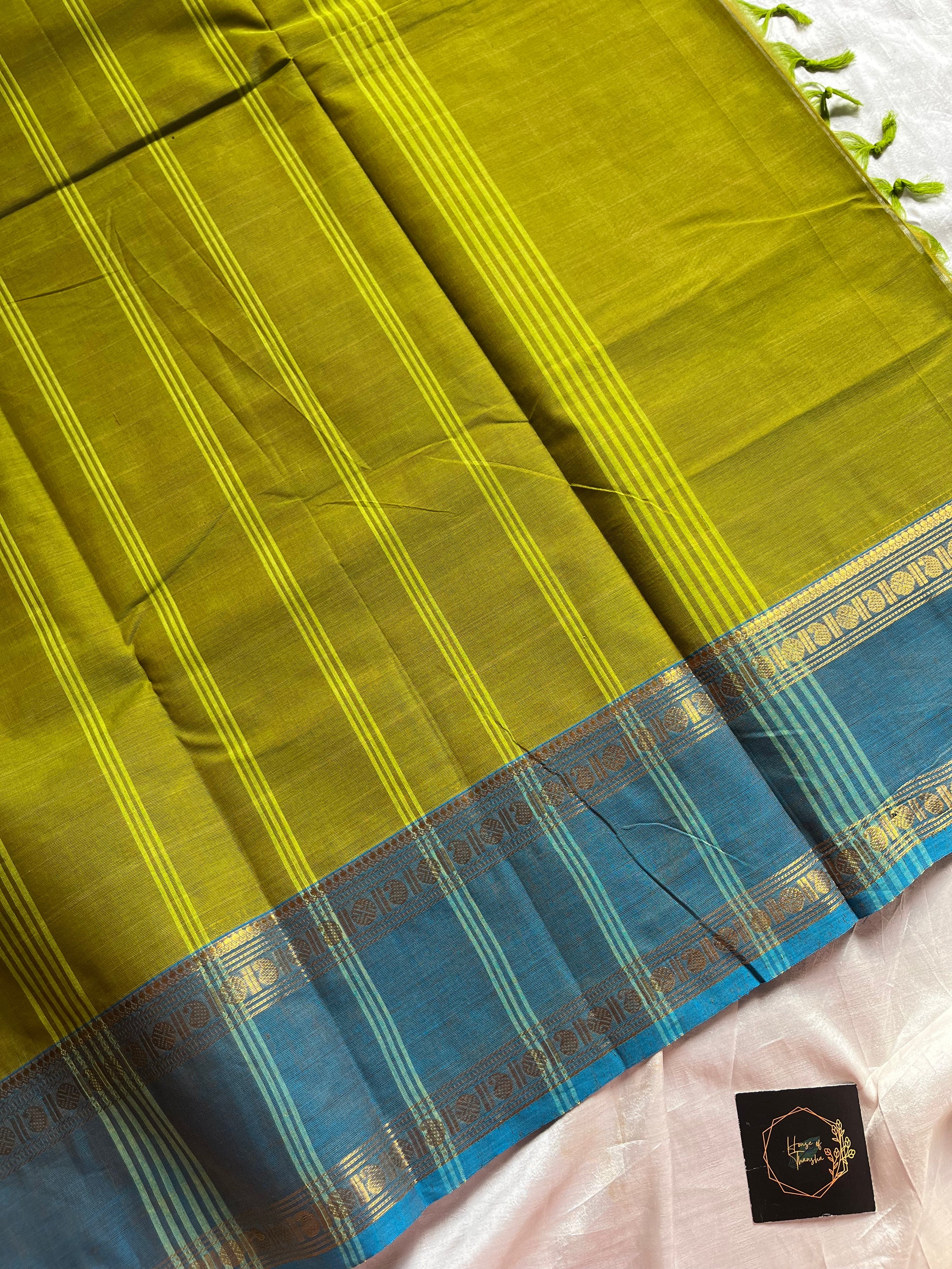 Green Kanchi cotton saree with kattam checks and dual borders – House of Thansha