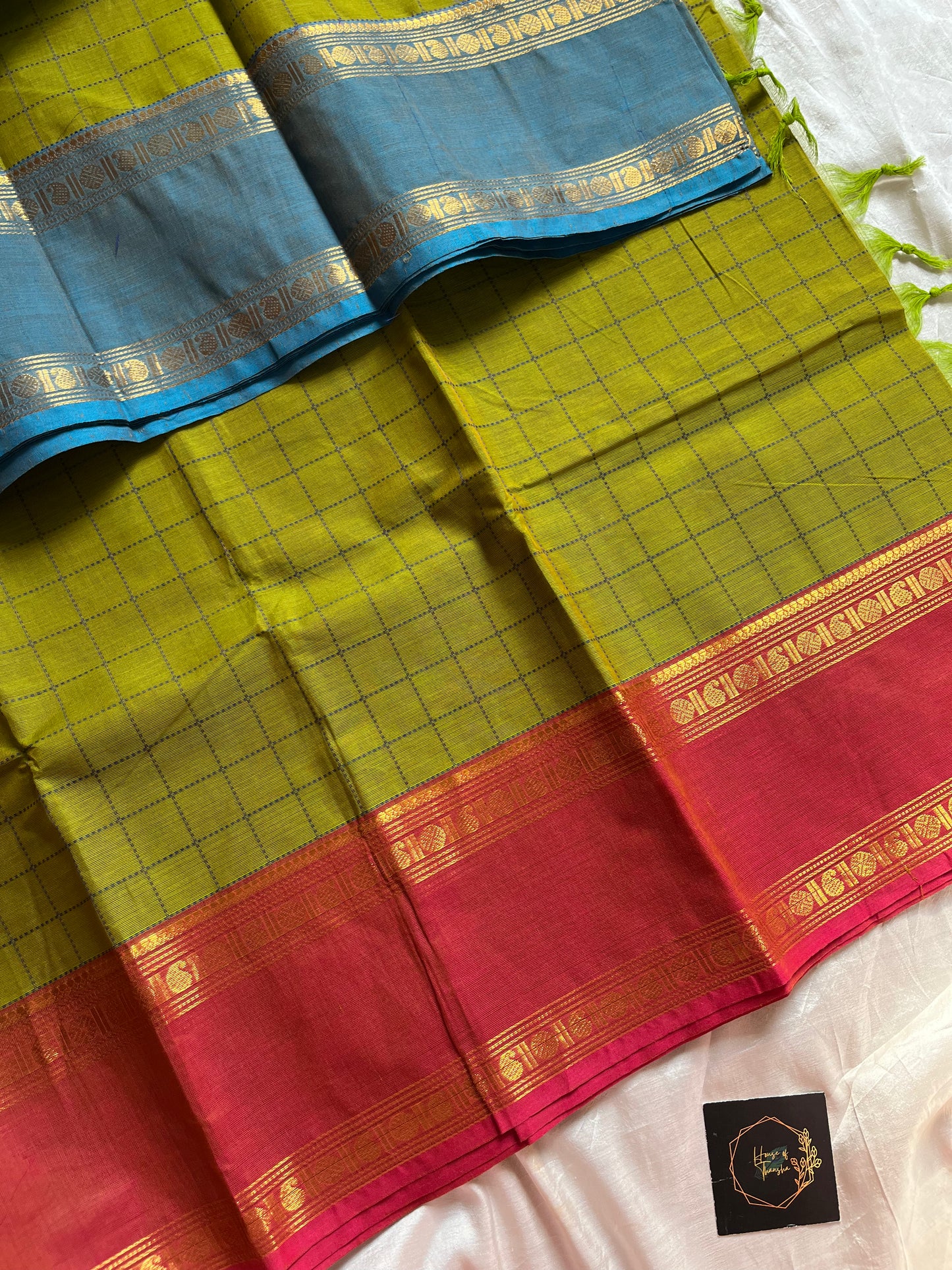 Green Kanchi cotton saree with kattam checks and dual borders – House of Thansha