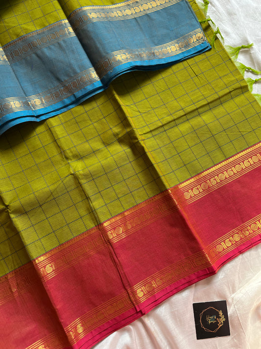Green Kanchi cotton saree with kattam checks and dual borders – House of Thansha