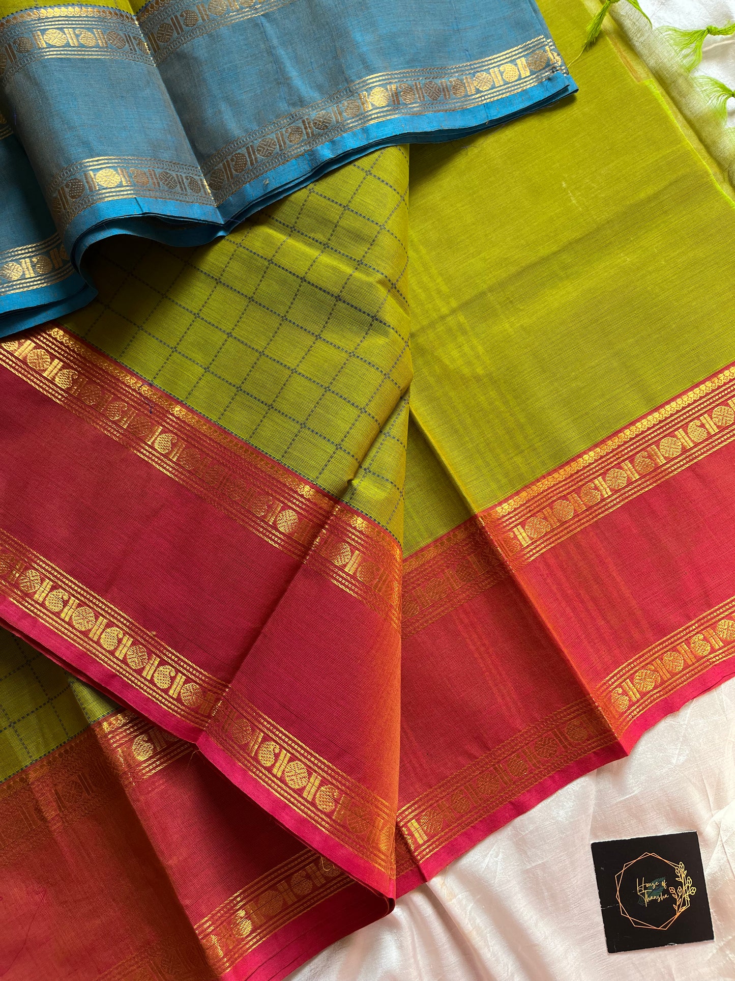 Green Kanchi cotton saree with kattam checks and dual borders – House of Thansha