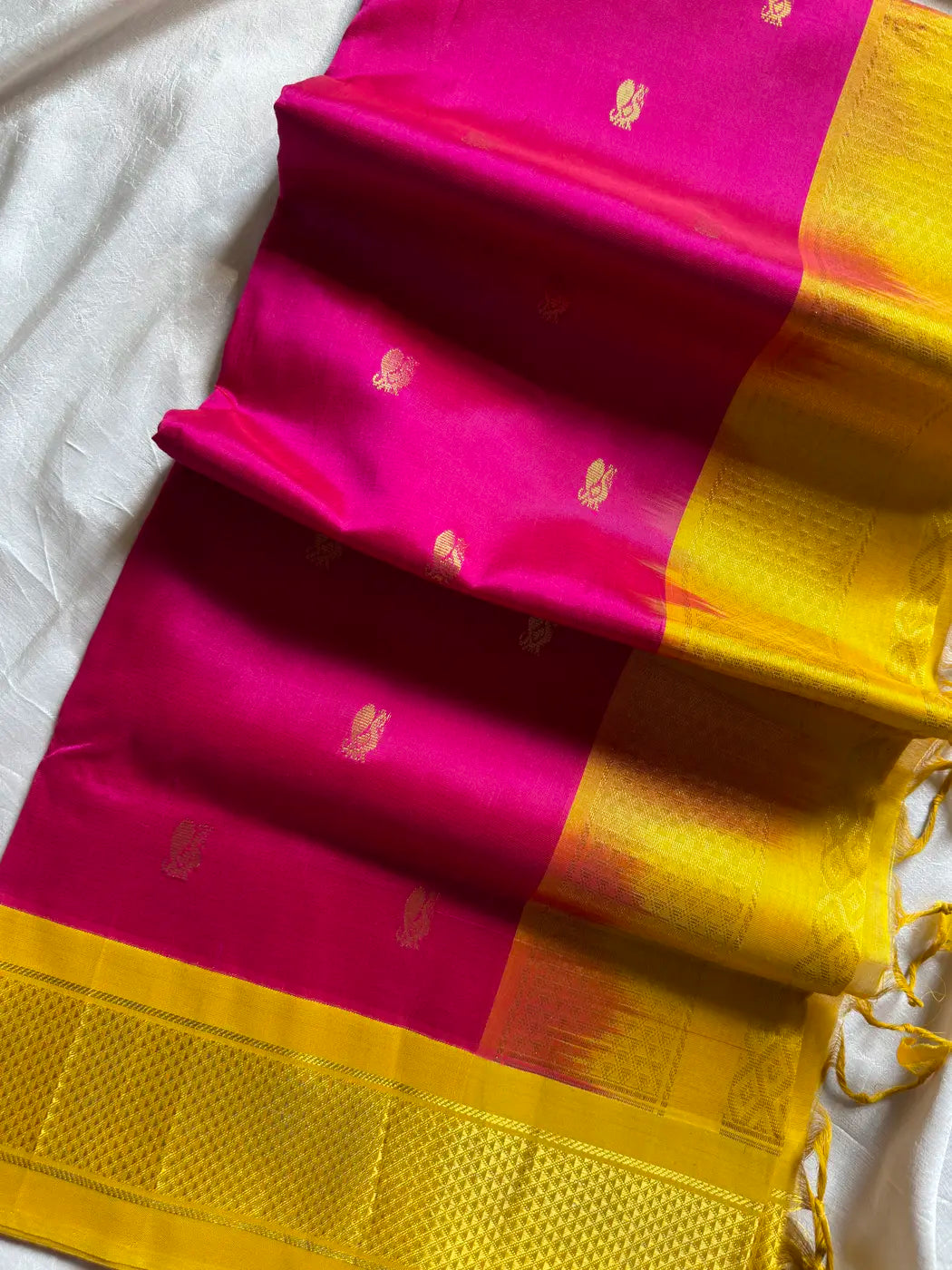 Kanchi Silkcotton Saree - Rani Pink & Yellow