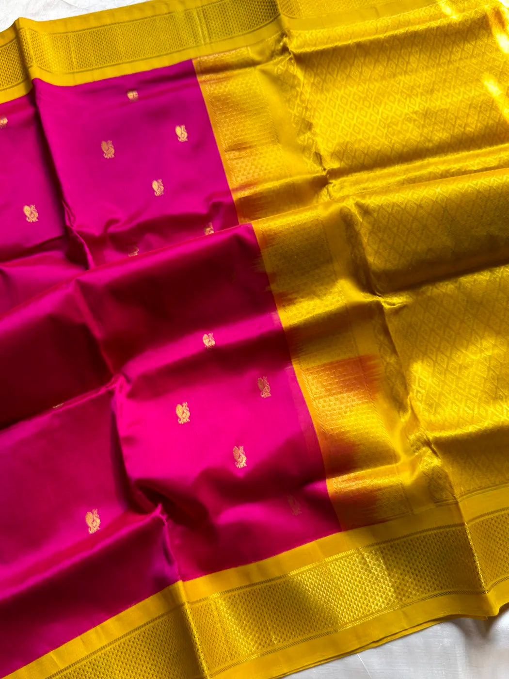 Kanchi Silkcotton Saree - Rani Pink & Yellow