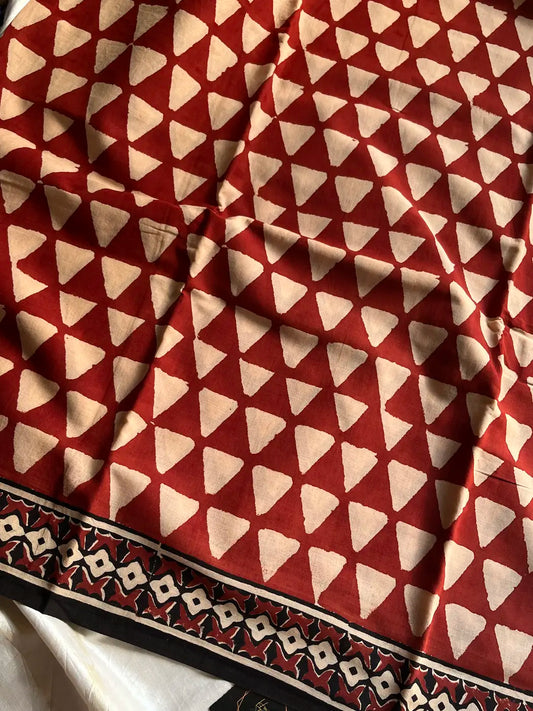 Mulmul Cotton Saree in Maroon | Hand Block Print