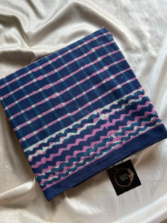 Mulmul Cotton Saree in Blue | Hand Block Print