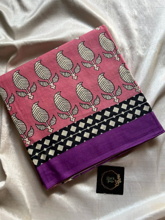 Mulmul Cotton Saree in Pink | Hand Block Print