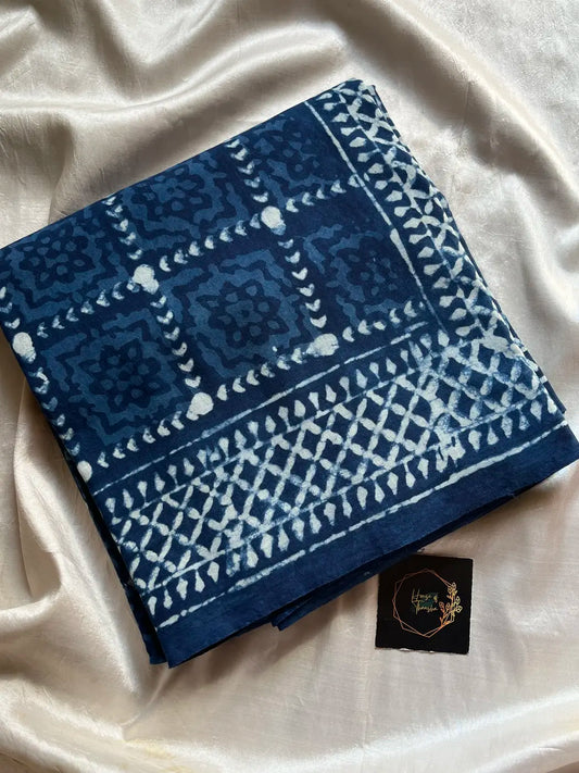 Mulmul Cotton Saree | Hand Block Print – Indigo Blue