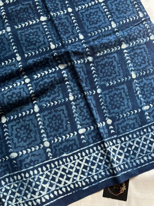 Mulmul Cotton Saree | Hand Block Print – Indigo Blue