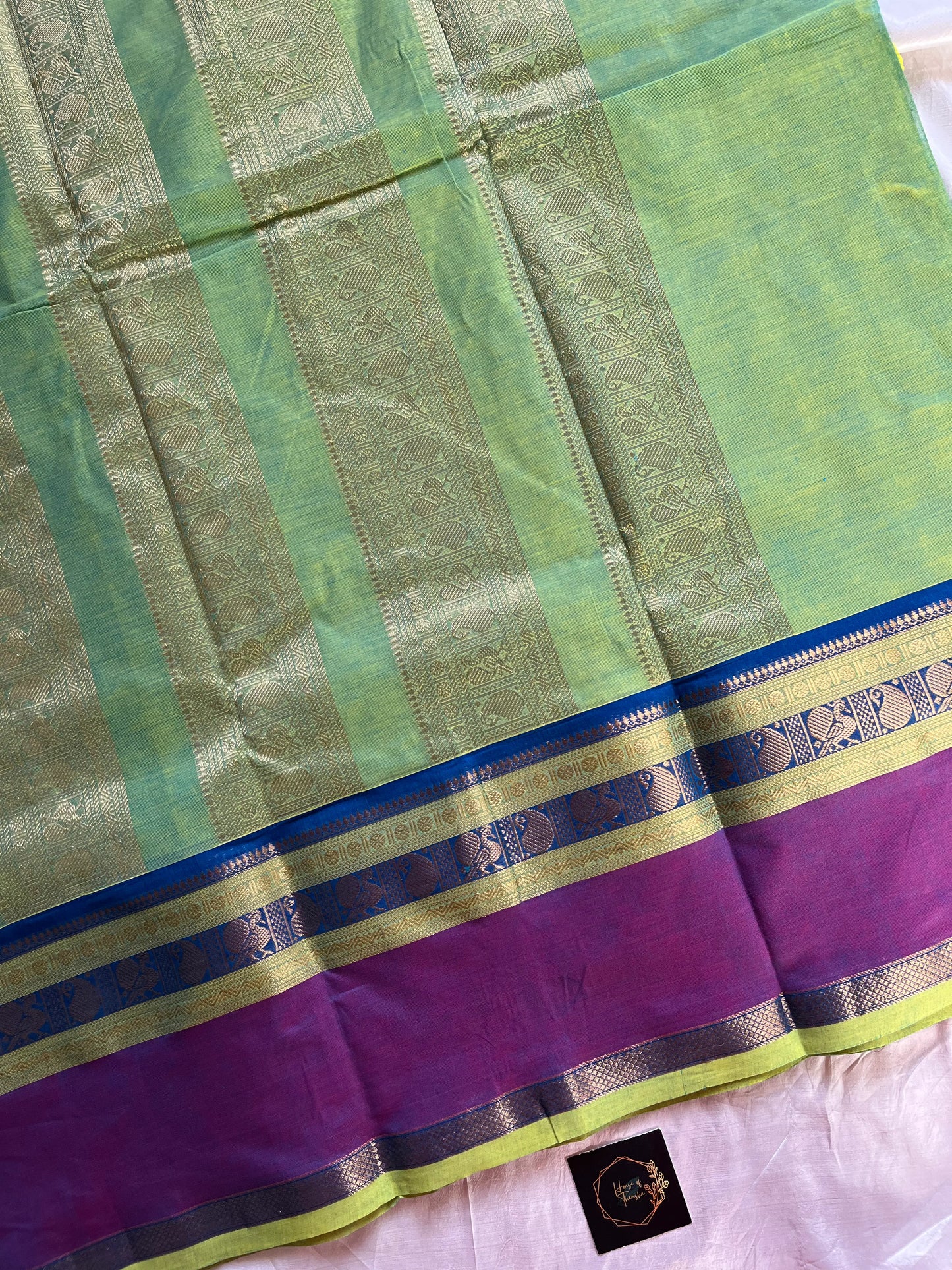 Throne Edit green Chettinadu Cotton Saree with Elegant Border and Zari-grand Pallu – Handwoven premium cotton saree by House of Thansha