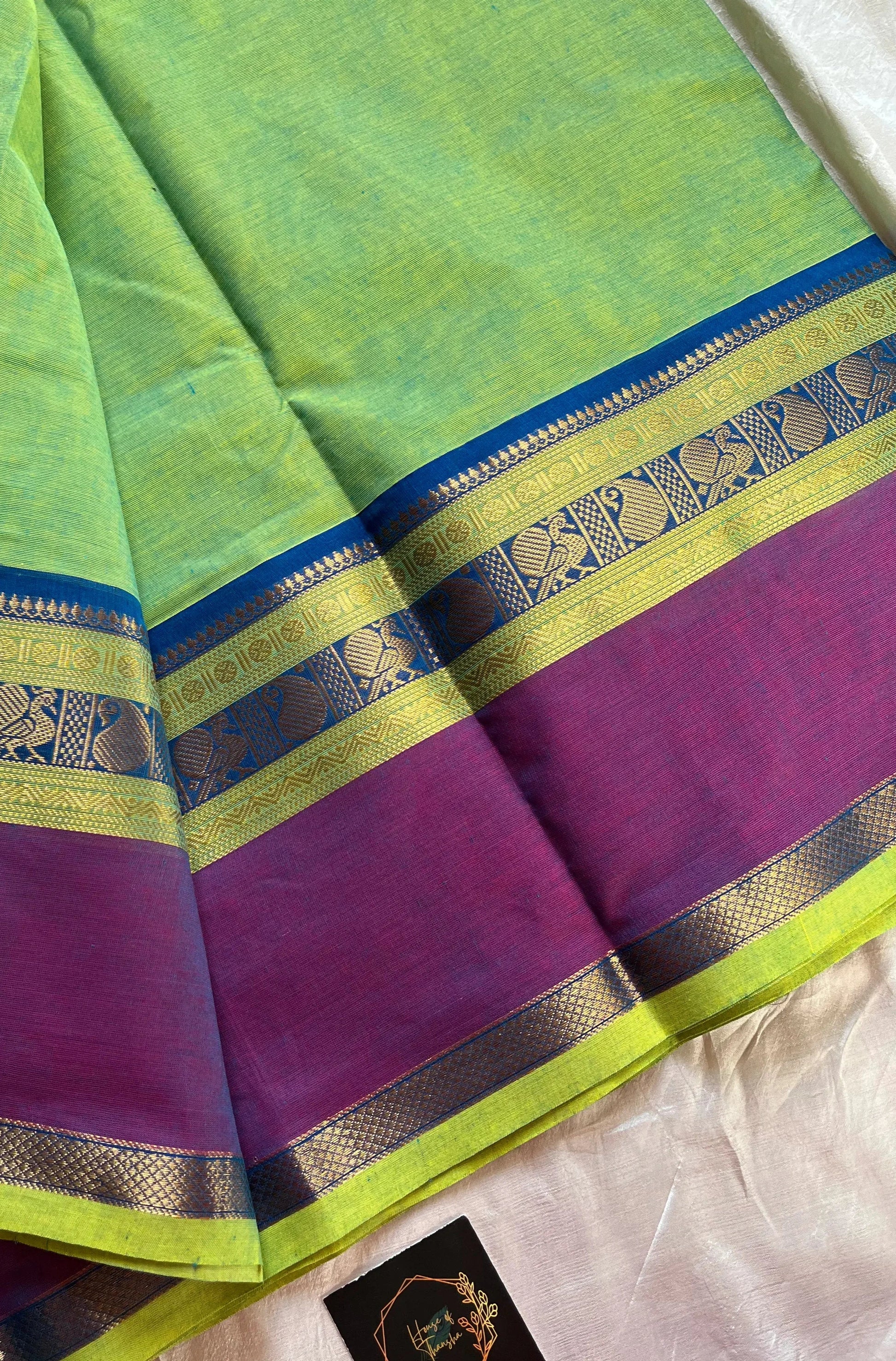 Throne Edit green Chettinadu Cotton Saree with Elegant Border and Zari-grand Pallu – Handwoven premium cotton saree by House of Thansha