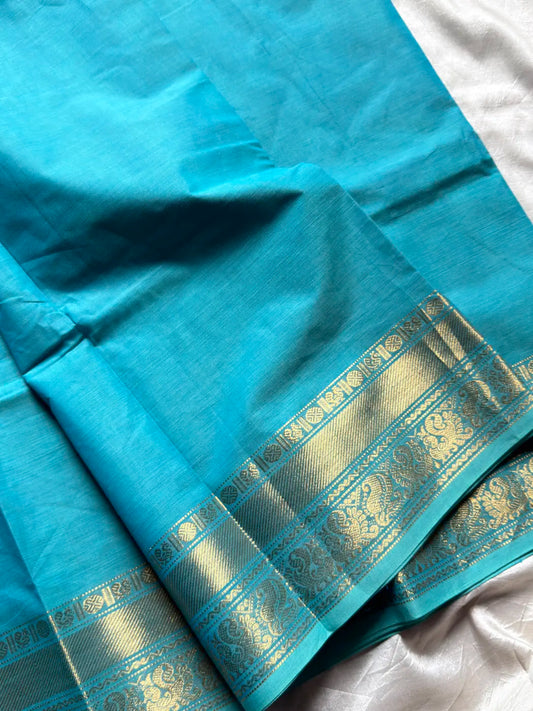 Subtle Weaves | SkyBlue Kanchi Cotton Saree (Contrast Blouse)
