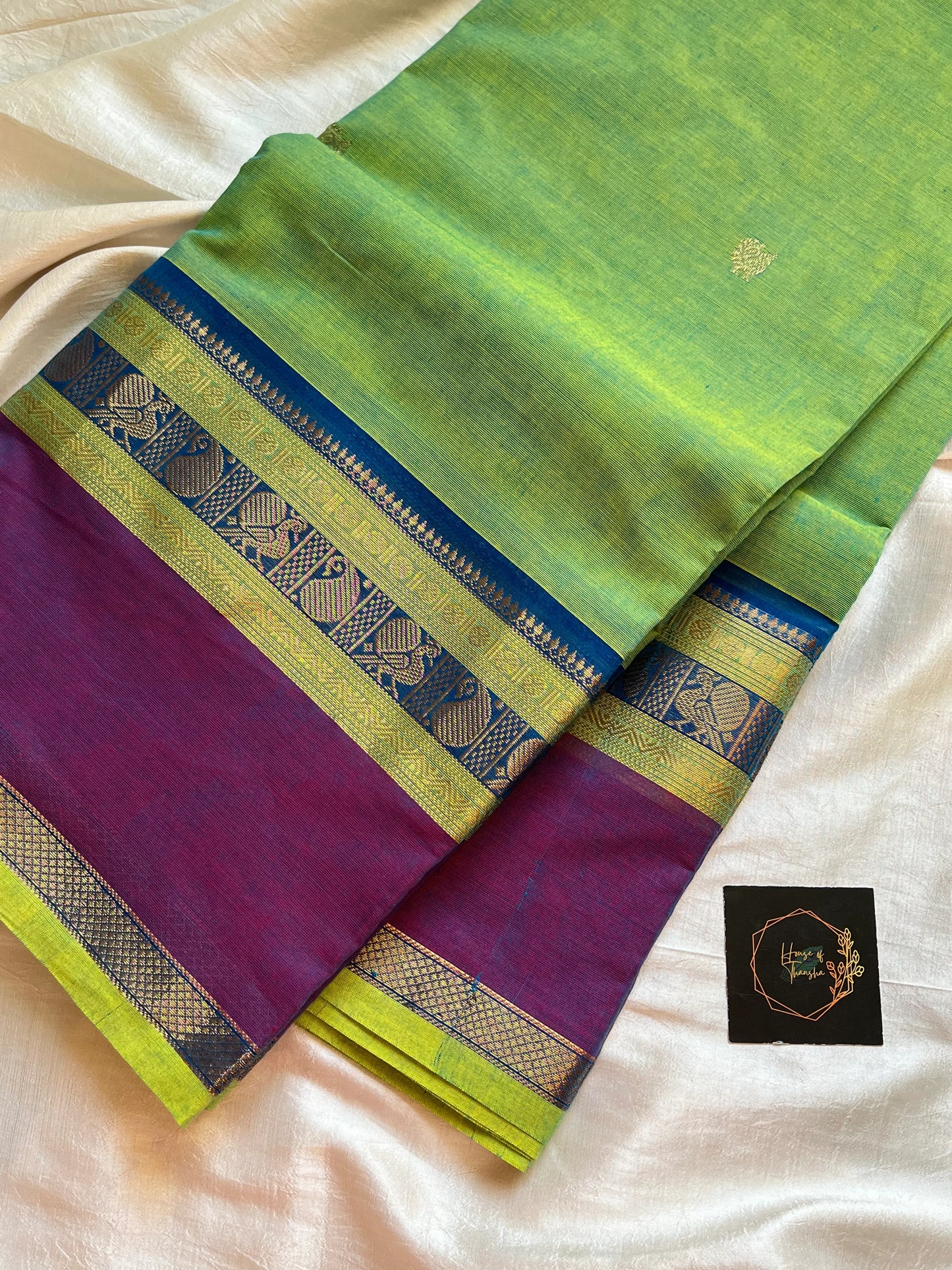 Throne Edit green Chettinadu Cotton Saree with Elegant Border and Zari-grand Pallu – Handwoven premium cotton saree by House of Thansha