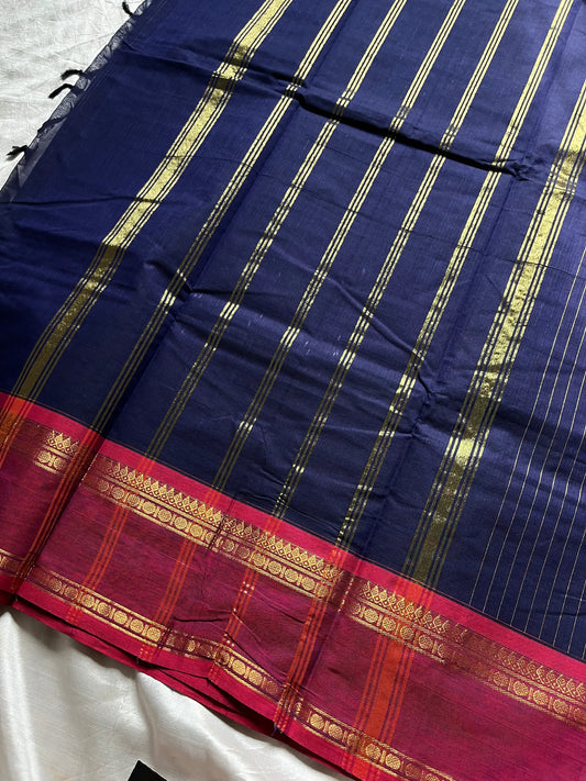 Zari Edition | Blue Kanchi Cotton Saree with Dual Ganga Jamuna Border