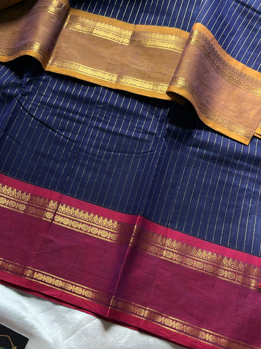 Zari Edition | Blue Kanchi Cotton Saree with Dual Ganga Jamuna Border