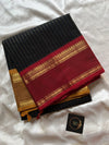 Zari Edition Black Kanchi Cotton Saree with golden zari stripes and dual Ganga Jamuna border in maroon and mustard yellow – House of Thansha
