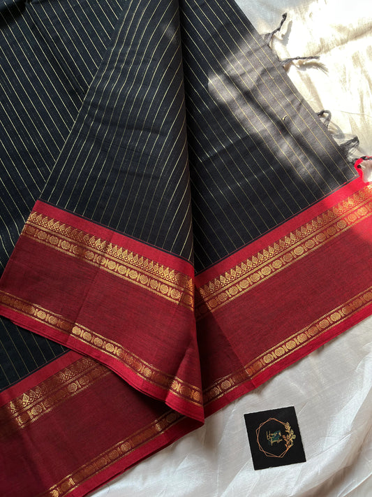 Zari Edition Black Kanchi Cotton Saree with golden zari stripes and dual Ganga Jamuna border in maroon and mustard yellow – House of Thansha