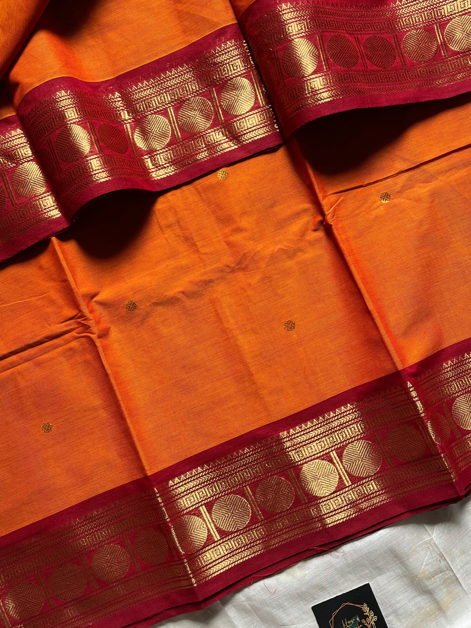 Mango Yellow X Orange Kanchi Cotton Saree with maroon - house of thansha