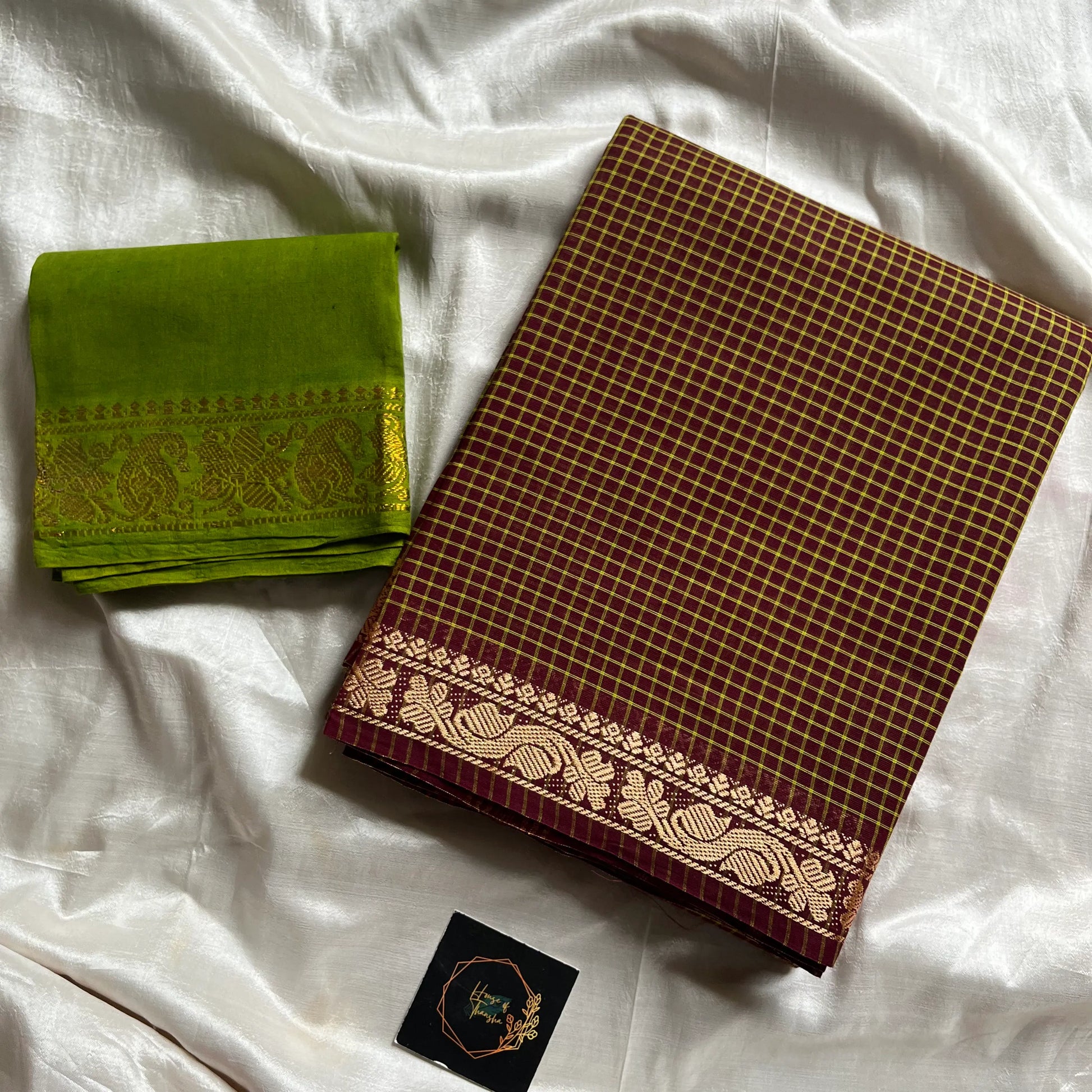 Brown Checked Chettinadu Cotton Saree with Contrast Blouse – Mini Kattam Edit by House of Thansha, bestseller cotton saree for daily wear