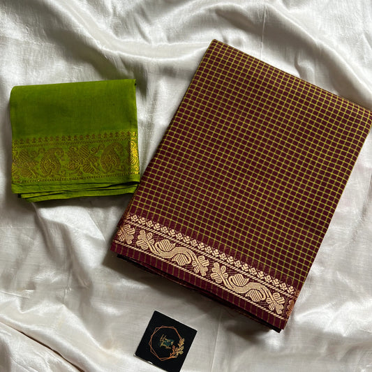 Brown Checked Chettinadu Cotton Saree with Contrast Blouse – Mini Kattam Edit by House of Thansha, bestseller cotton saree for daily wear