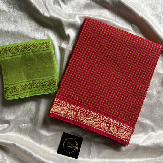 Pink Checked Chettinadu Cotton Saree with Contrast Blouse – Mini Kattam Edit by House of Thansha, bestselling handloom cotton saree
